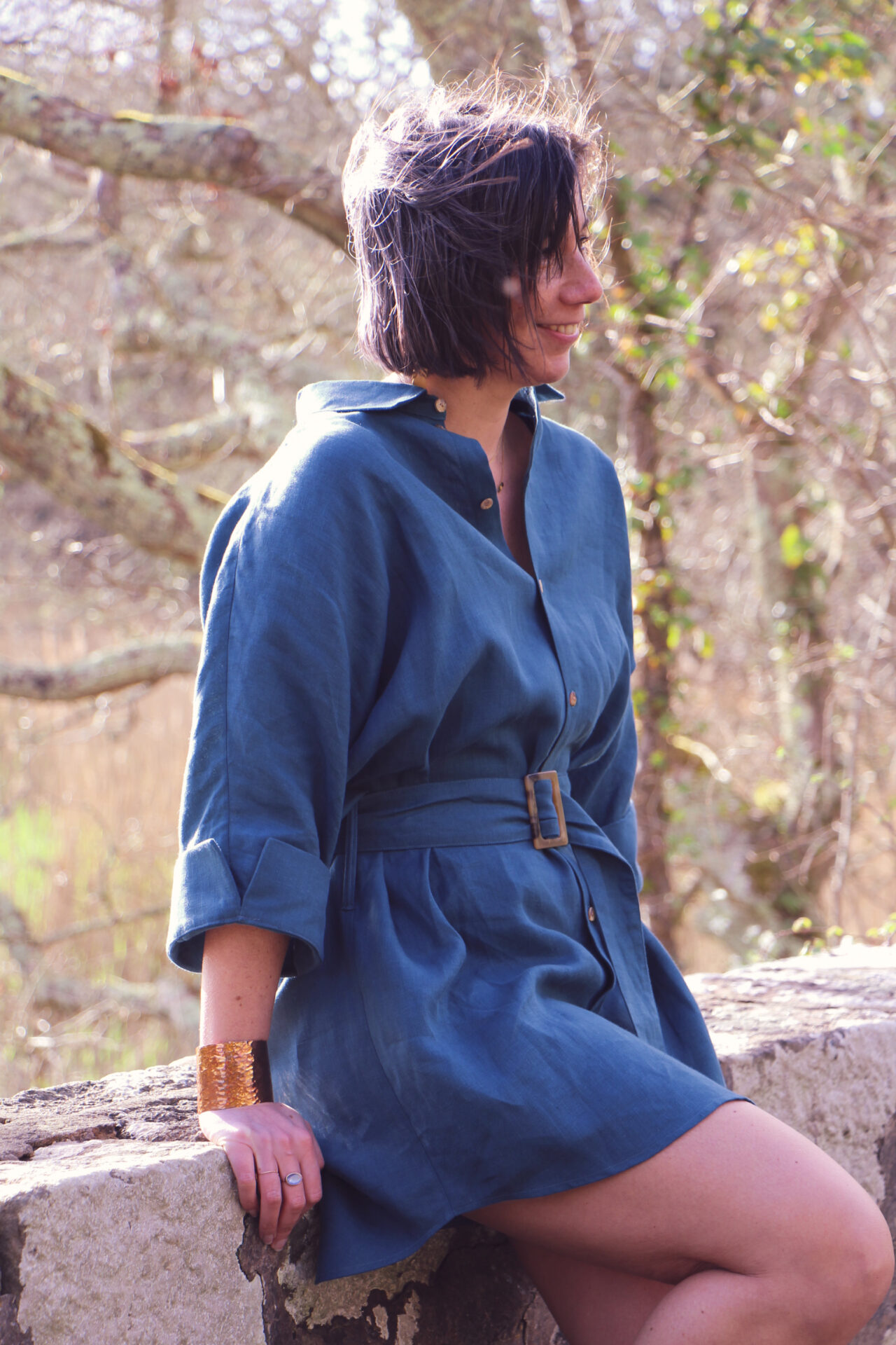 Robe chemise DENEBELLA lin bleu Carlotta