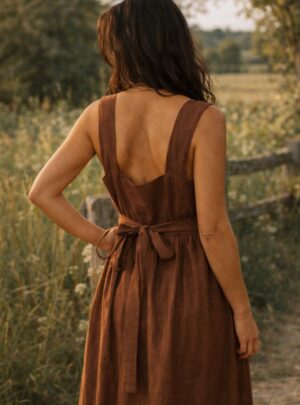 Robe SUZANNE lin brun acajou longue