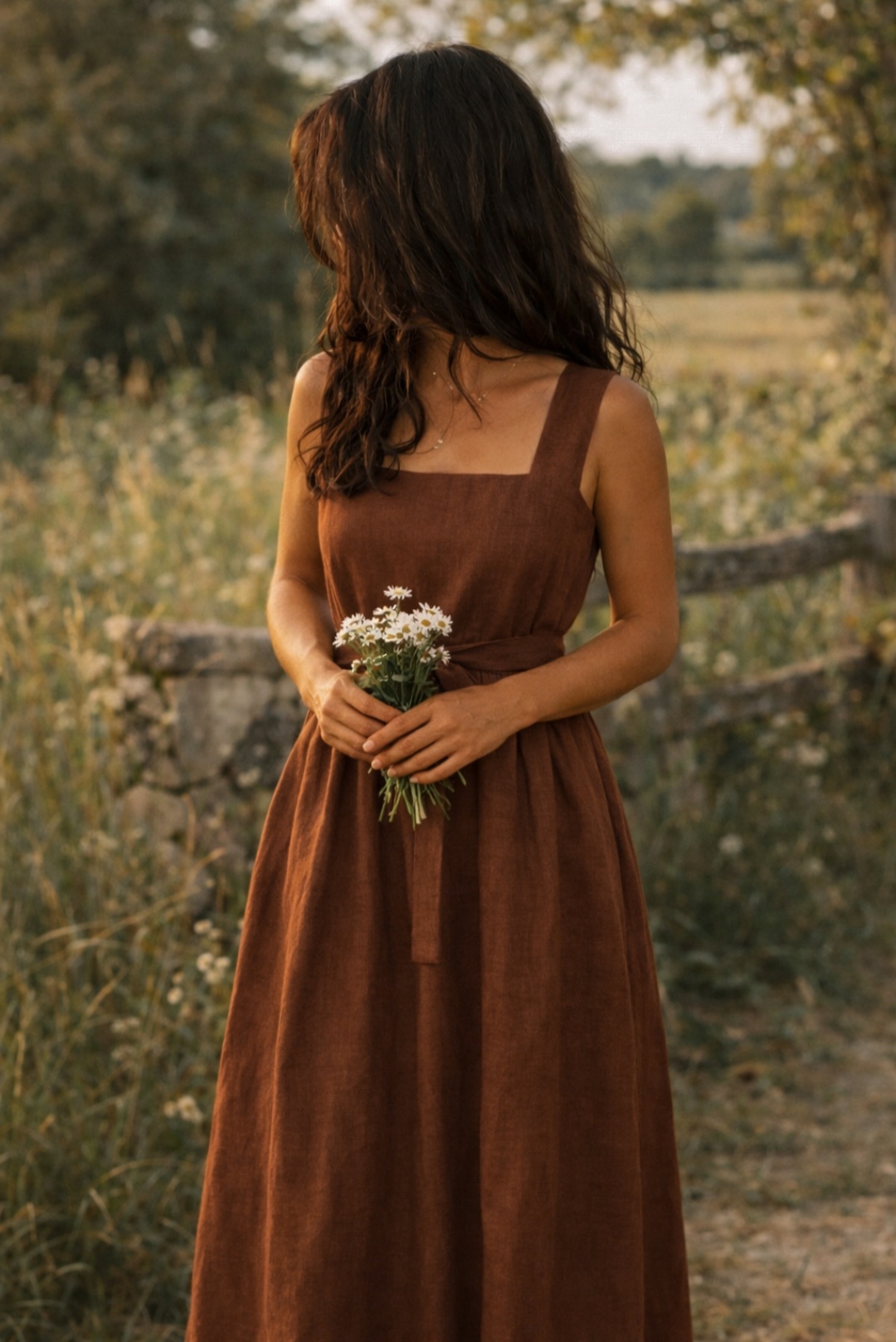 Robe SUZANNE lin brun acajou longue